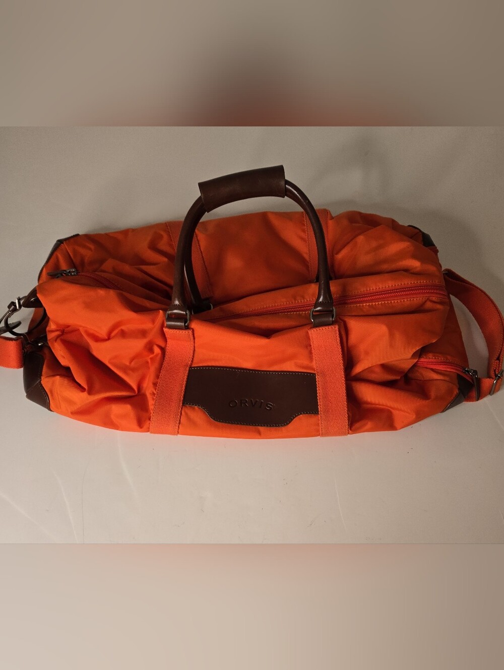 Orvis Orange Duffel Bag with Brown Leather Trim